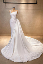 Beautiful	A-line One Shoulder Sleeveless Rhinestone Satin train white Long Prom Dress