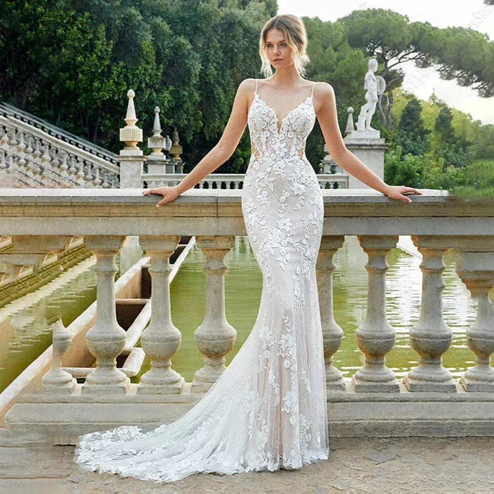Beautiful Lace Sexy Off Shoulder Elegant Mermaid Sleeveless Deep V-neck Mop Wedding Dresses Strapless Bohemia Bridal Gowns