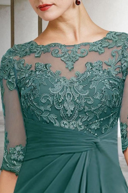 Precioso vestido largo verde de corte A, de encaje y gasa, para la madre de la novia, con mangas.