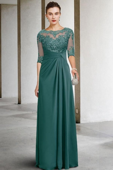 Precioso vestido largo verde de corte A, de encaje y gasa, para la madre de la novia, con mangas.