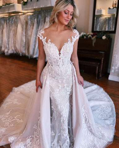 Magnifique robe de mariée sirène longue en dentelle sans manches avec traîne amovible