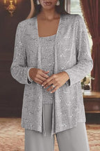 Precioso vestido largo de encaje plateado con lentejuelas para la madre de la novia, con chaqueta.