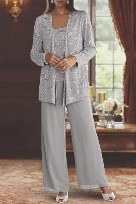 Precioso vestido largo de encaje plateado con lentejuelas para la madre de la novia, con chaqueta.