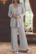 Precioso vestido largo de encaje plateado con lentejuelas para la madre de la novia, con chaqueta.