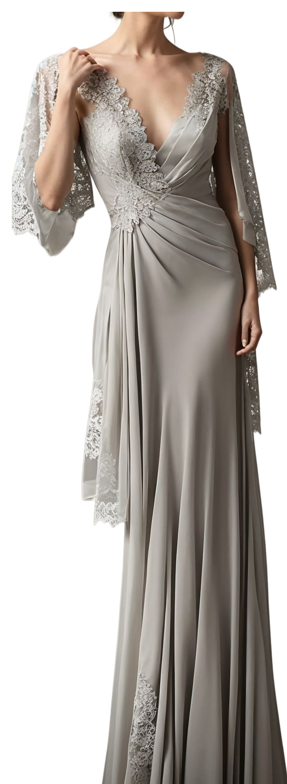Precioso vestido largo plateado de satén con escote en V para la madre de la novia y detalles de encaje.