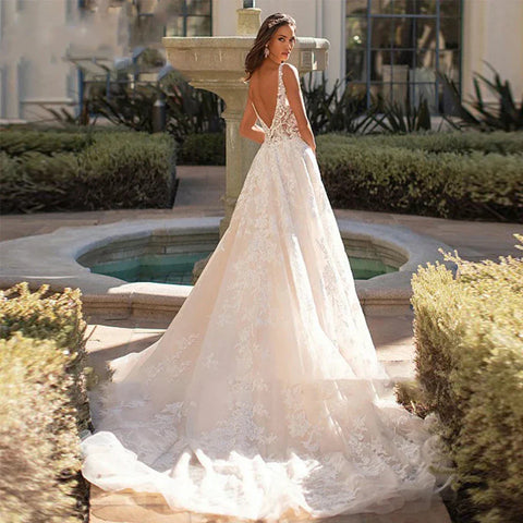 Magnifiques robes de mariée romantiques en forme de A, col en V, sans manches, dos nu, sexy, nouveautés pour femmes, Grace Flowers, robes de mariée somptueuses