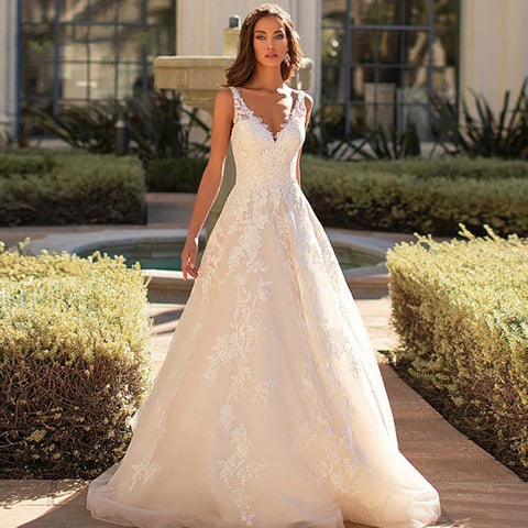 Magnifiques robes de mariée romantiques en forme de A, col en V, sans manches, dos nu, sexy, nouveautés pour femmes, Grace Flowers, robes de mariée somptueuses