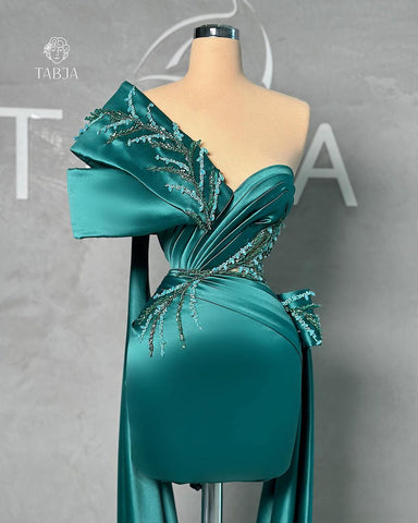 Belle robe de bal courte verte à une épaule en dentelle sans manches