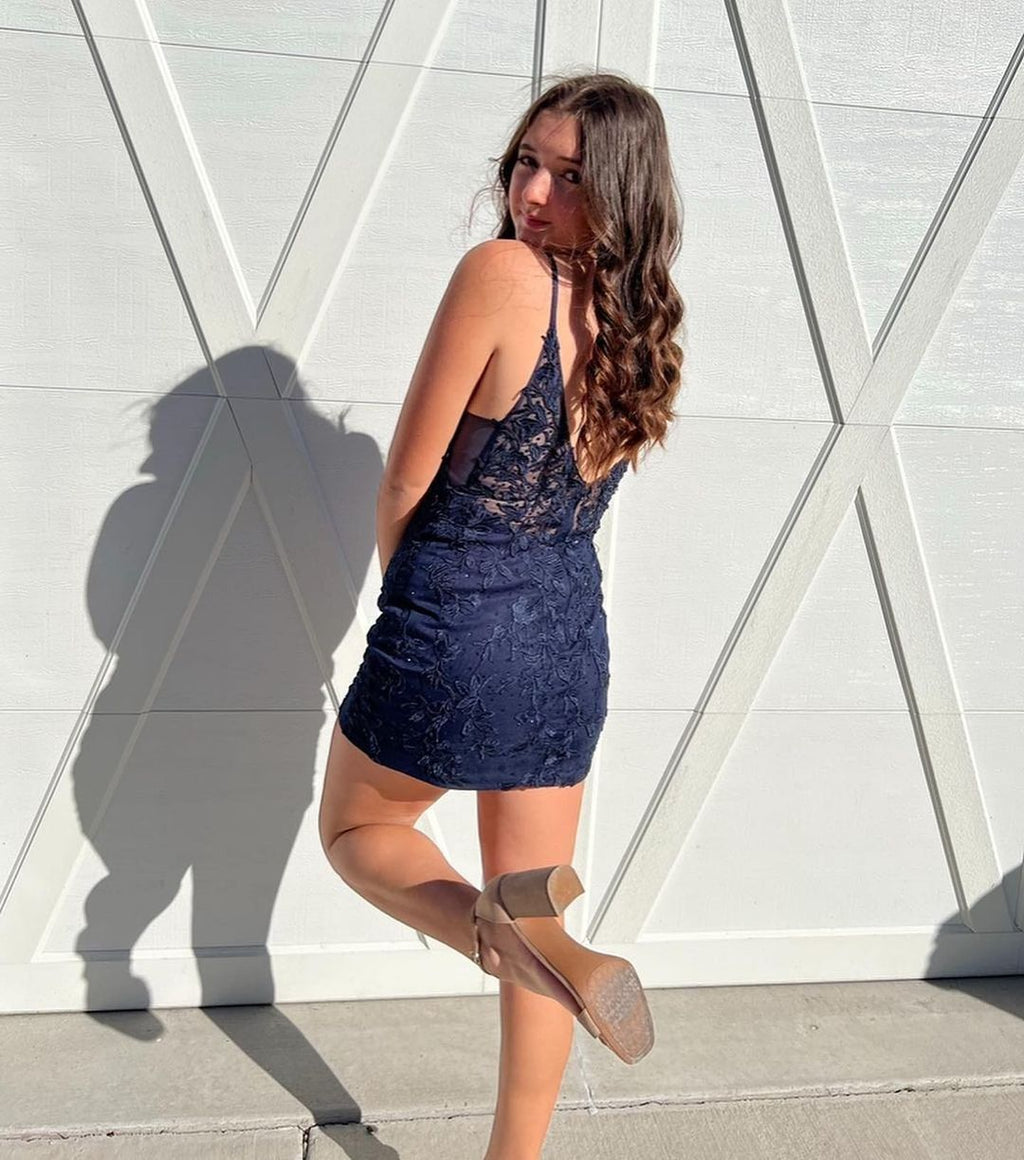 Beautiful Short Navy Spaghetti Straps Homecoming Dress With Lace