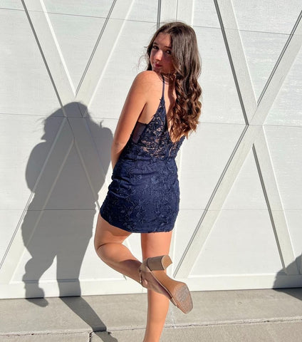 Beautiful Short Navy Spaghetti Straps Homecoming Dress With Lace