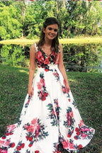Vestido largo de fiesta sin mangas con tirantes florales y corte en A, vestido de noche