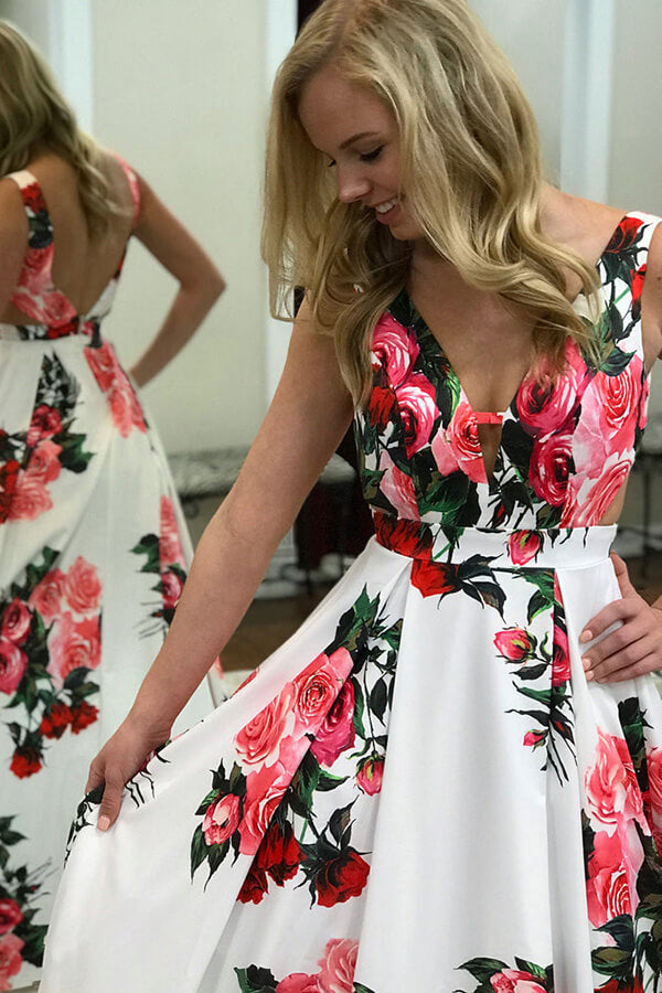 Vestido largo de fiesta sin mangas con tirantes florales y corte en A, vestido de noche