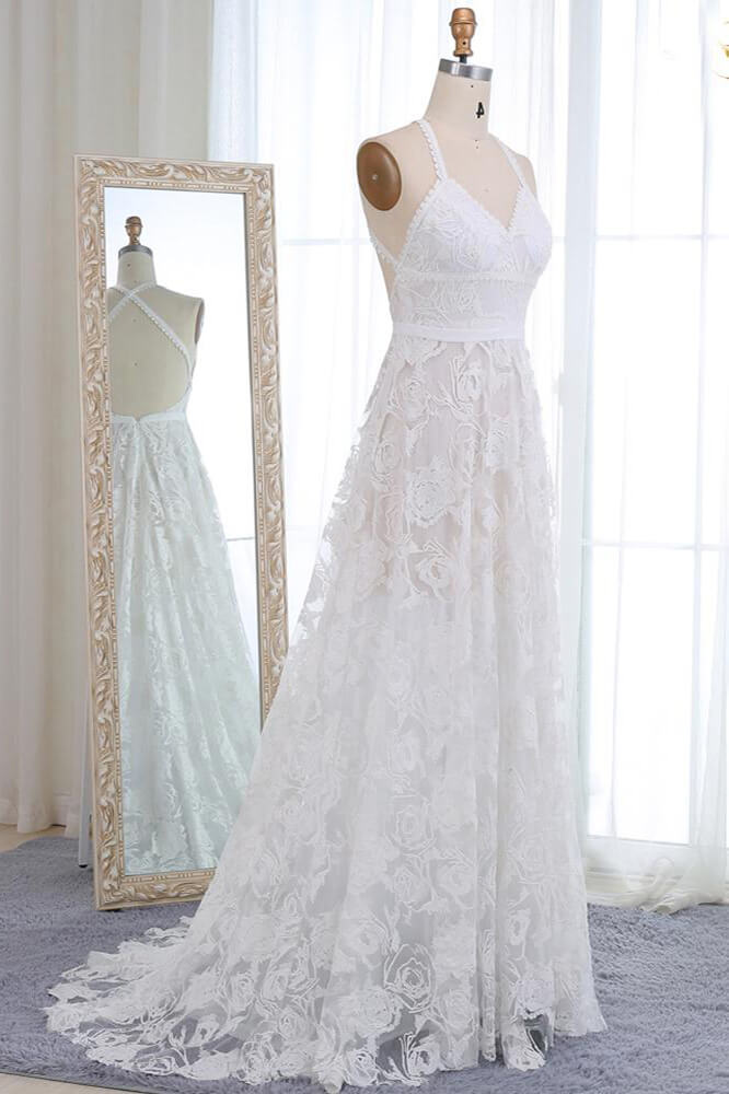 Robe de mariée longue trapèze à col en V et bretelles en dentelle, robe de mariée