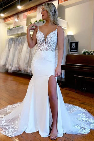Precioso vestido de novia de sirena con encaje satinado y abertura lateral WD630