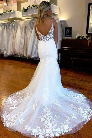 Precioso vestido de novia de sirena con encaje satinado y abertura lateral WD630
