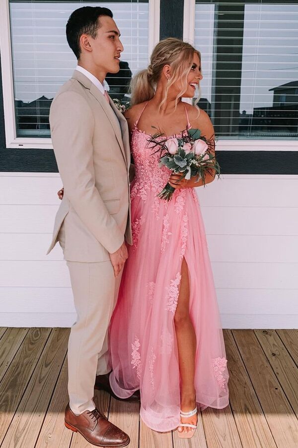 Tulle Lace A-line Backless Long Prom Dresses With Side Slit