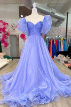 Beautiful Tulle A-line Blue Puff Sleeves Long Prom Dress, Evening Dress