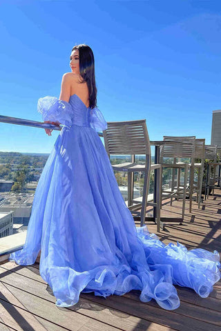 Beautiful Tulle A-line Blue Puff Sleeves Long Prom Dress, Evening Dress