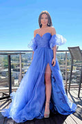 Beautiful Tulle A-line Blue Puff Sleeves Long Prom Dress, Evening Dress