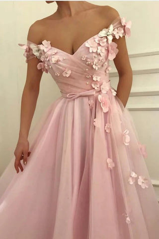 Tulle A-line Off-the-Shoulder Long Prom Dresses With 3D Flowers