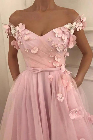 Tulle A-line Off-the-Shoulder Long Prom Dresses With 3D Flowers