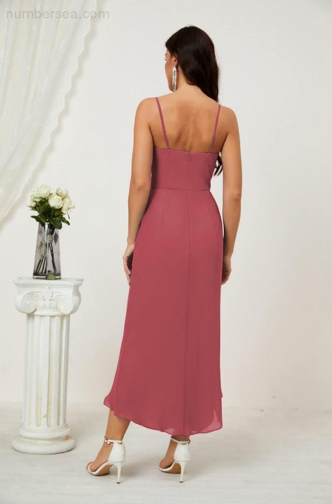 Vestido de dama de honor de gasa con escote en V y abertura media, vestido formal de fiesta, vestido de bienvenida 2803 