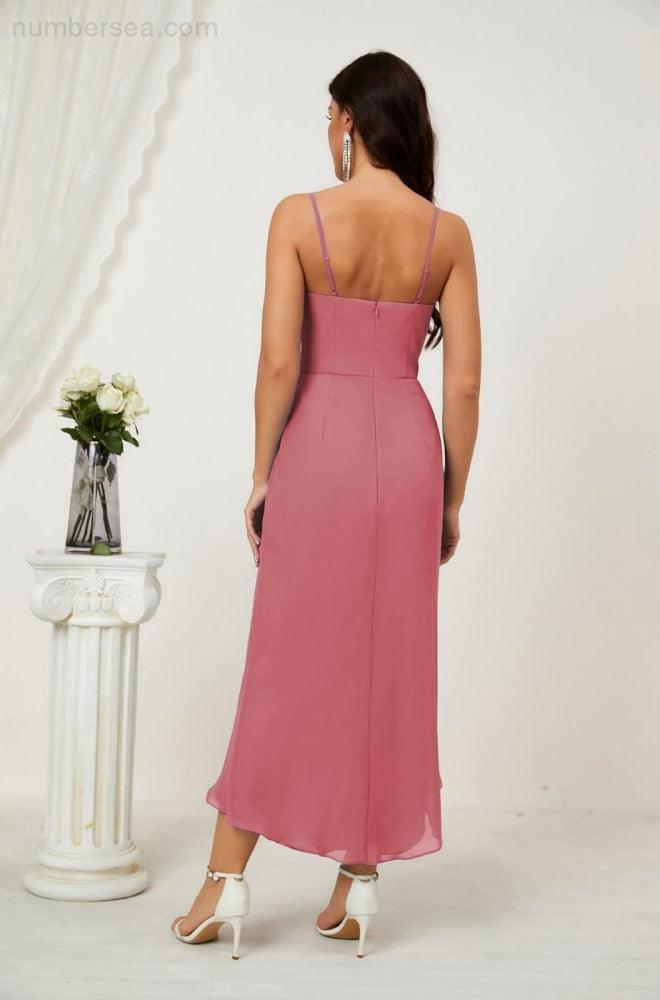 Vestido de dama de honor de gasa con escote en V y abertura media, vestido formal de fiesta, vestido de bienvenida 2803 