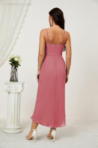 Vestido de dama de honor de gasa con escote en V y abertura media, vestido formal de fiesta, vestido de bienvenida 2803 