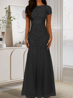 Robe sirène bleu marine foncé à sequins et tulle, décolleté rond, robe en tulle bleu marine foncé