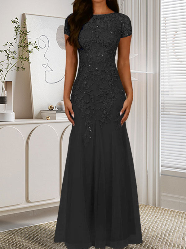 Vestido de tul con lentejuelas y escote sirena azul marino oscuro