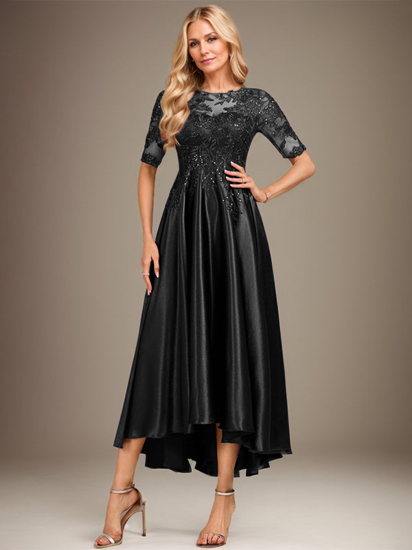 Robe de mère de la mariée asymétrique en satin stretch dentelle et dentelle, coupe trapèze, effet illusion, ornée de sequins 
