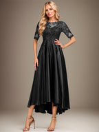 Robe de mère de la mariée asymétrique en satin stretch dentelle et dentelle, coupe trapèze, effet illusion, ornée de sequins 