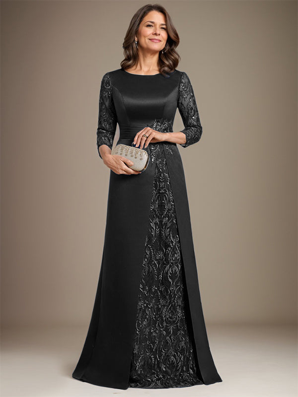 Vestido de novia de corte A, escote redondo, largo hasta el suelo, de satén de encaje, con apliques, para la madre de la novia. 