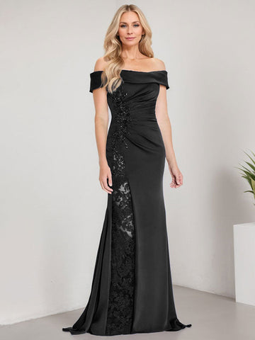 A-Line Off the Shoulder Floor-Length Mother of the Bride Dress Applique Beadings Mermaid Dress With  High Split