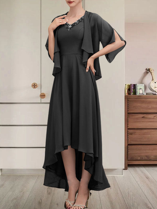 Vestido de corte A, escote en V, asimétrico, de gasa, para la madre de la novia, con lentejuelas y pedrería.