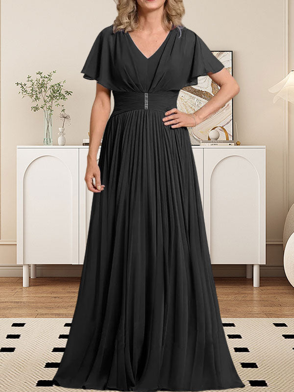 Vestido de gasa de corte A, escote en V, largo hasta el suelo, para la madre de la novia, con broche de cristal y pliegues. 
