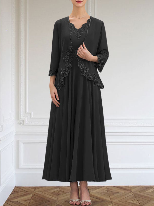 Vestido de corte A, escote en V, largo hasta el tobillo, de gasa, para la madre de la novia, con apliques de lentejuelas, encaje y pedrería.