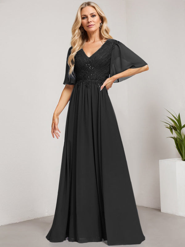 Vestido de novia de corte A, escote en V, largo hasta el suelo, de gasa de encaje con lentejuelas para la madre de la novia 