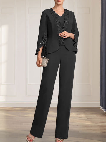 Separates Jumpsuit/Pantsuit V-Neck Floor-Length Chiffon Mother of the Bride Dress