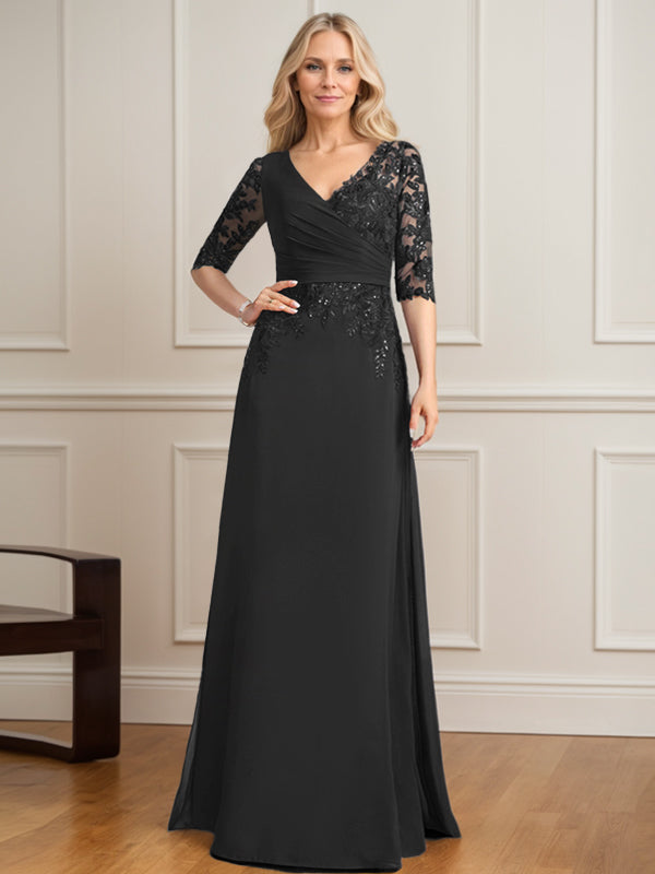 Vestido de novia de corte A, escote en V, largo hasta el suelo, de gasa de encaje con lentejuelas plisadas. 