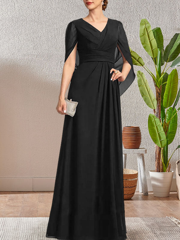 Vestido largo azul marino oscuro de corte A con escote en V para la madre de la novia