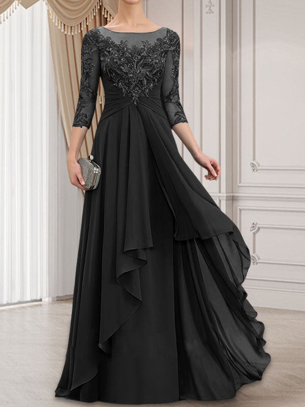 Robe de mariée en mousseline de dentelle, coupe trapèze, décolleté illusion, longueur au sol, avec volants cascade, idéale pour la mère de la mariée.