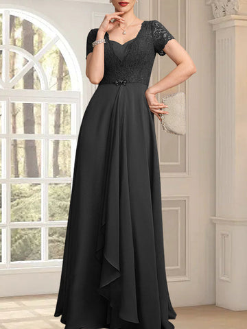 Vestido de corte A, escote corazón, largo hasta el suelo, de gasa, encaje, con cuentas y volantes en cascada para la madre de la novia.