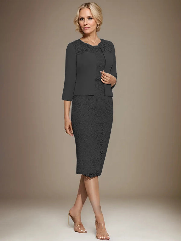 Vestido de novia de gasa con encaje, corte recto y escote redondo hasta la rodilla, con pedrería, para la madre de la novia. 