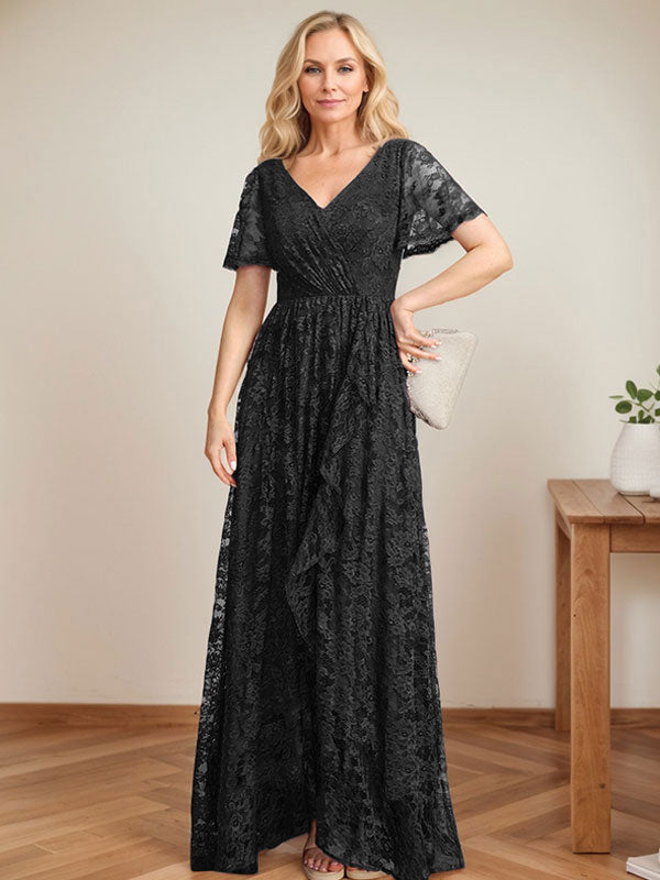 Robe de mère de la mariée asymétrique en dentelle, coupe trapèze, col en V et volants cascade 