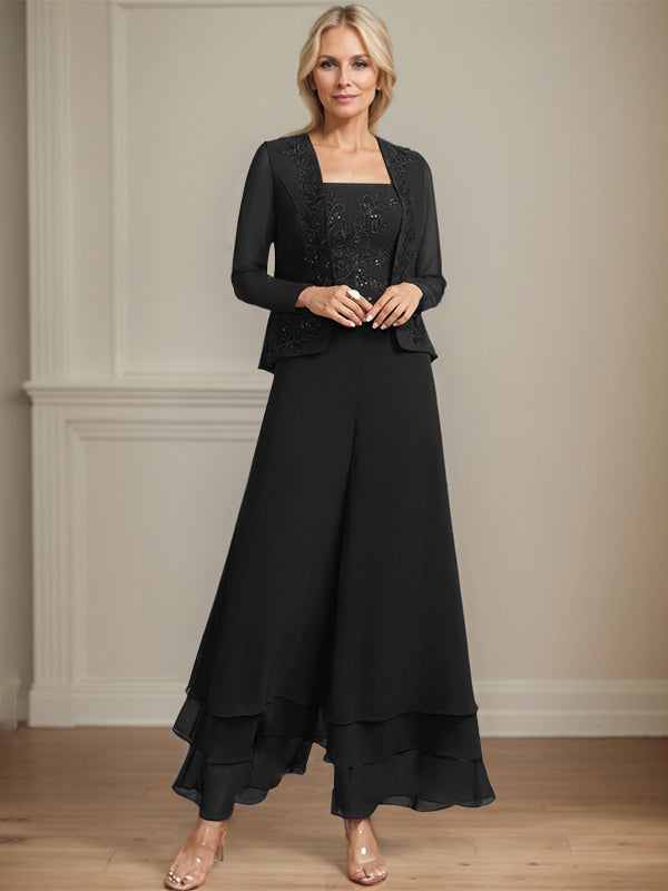 Conjunto de pantalón y chaqueta de dos piezas, corte cuadrado, largo hasta el tobillo, encaje, gasa, vestido de madre de la novia con lentejuelas 