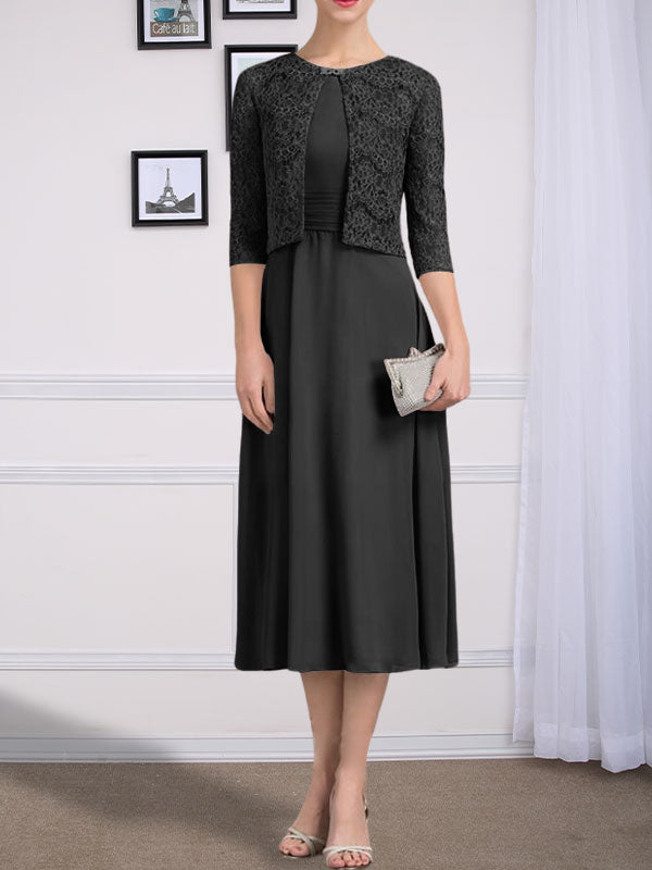 Vestido de chifón de corte línea A, largo té, para la madre de la novia, con escote redondo y pliegues.