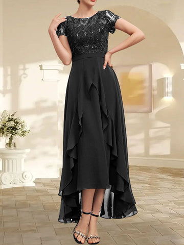 A-line Scoop Illusion Asymmetrical Chiffon Lace Mother of the Bride Dress With Bow Ruffle Sequins