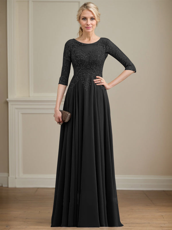 Robe de mère de la mariée en mousseline de dentelle, coupe trapèze, décolleté illusion, longueur au sol, ornée de sequins 