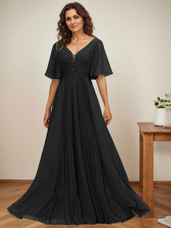 Vestido de corte A, escote en V, largo hasta el suelo, de gasa, para la madre de la novia, con apliques de lentejuelas y encaje plisado. 